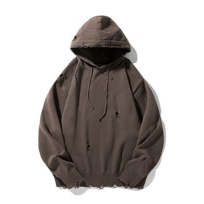 Oversized gebreide hoodie voor heren in used look met gaatjes, capuchon en rafelzoom - bruin