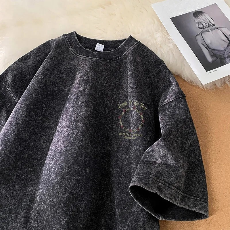Oversized heren T-shirt in gewassen look met rozenprint op de rug - gewassen zwart