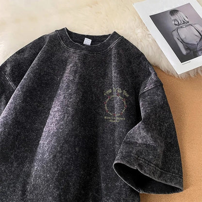 Oversized heren T-shirt in gewassen look met rozenprint op de rug - gewassen zwart