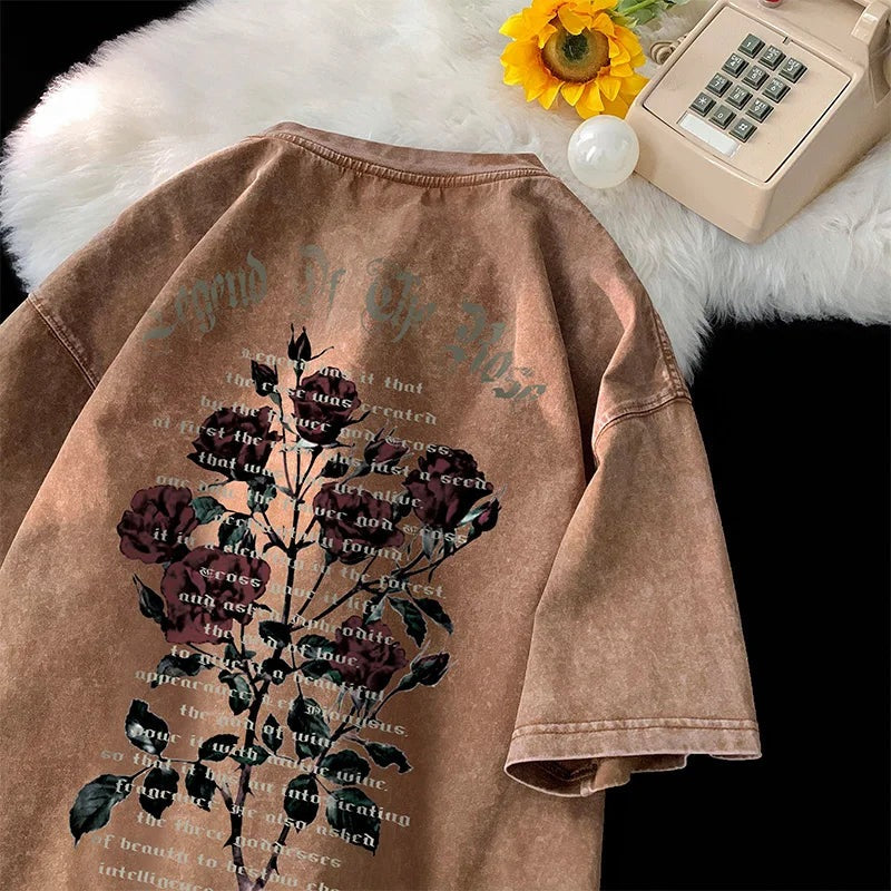 Oversized heren T-shirt in gewassen look met rozenprint op de rug - gewassen bruin