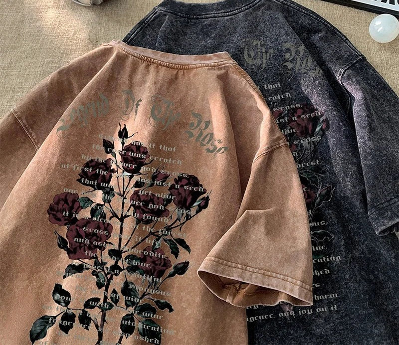 Oversized heren T-shirt in gewassen look met rozenprint op de rug - beeld 3