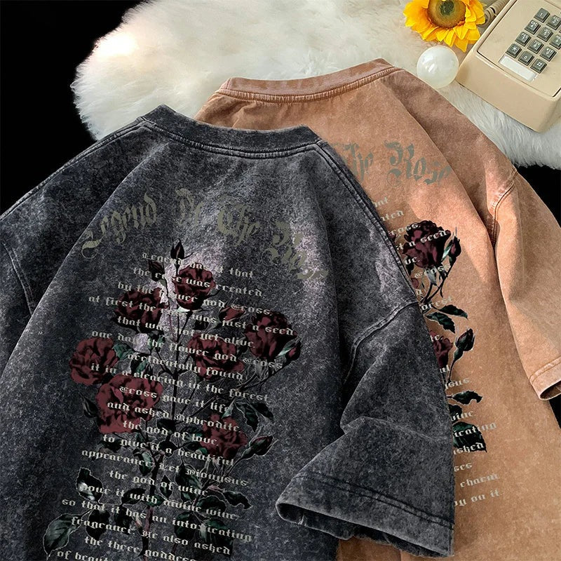 Oversized heren T-shirt in gewassen look met rozenprint op de rug - beeld 4