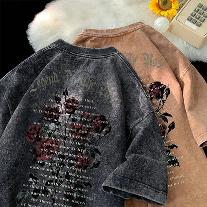Oversized heren T-shirt in gewassen look met rozenprint op de rug - beeld 4