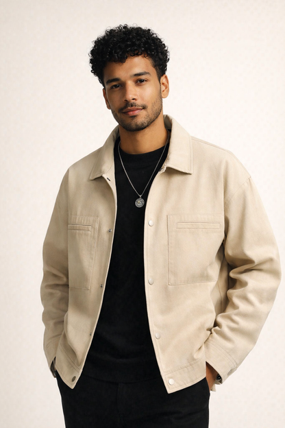 Oversized herenjack van twill met drukknopen en borstzakken
