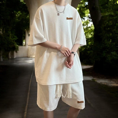 Oversized herenset met wafel T-shirt en korte broek met koord - gebroken wit