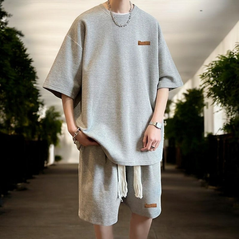 Oversized herenset met wafel T-shirt en korte broek met koord - lichtgrijs