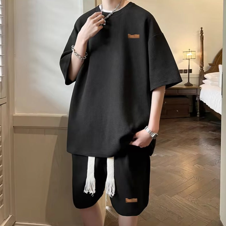 Oversized herenset met wafel T-shirt en korte broek met koord - beeld 3