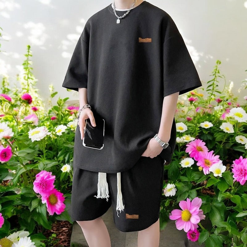 Oversized herenset met wafel T-shirt en korte broek met koord - zwart