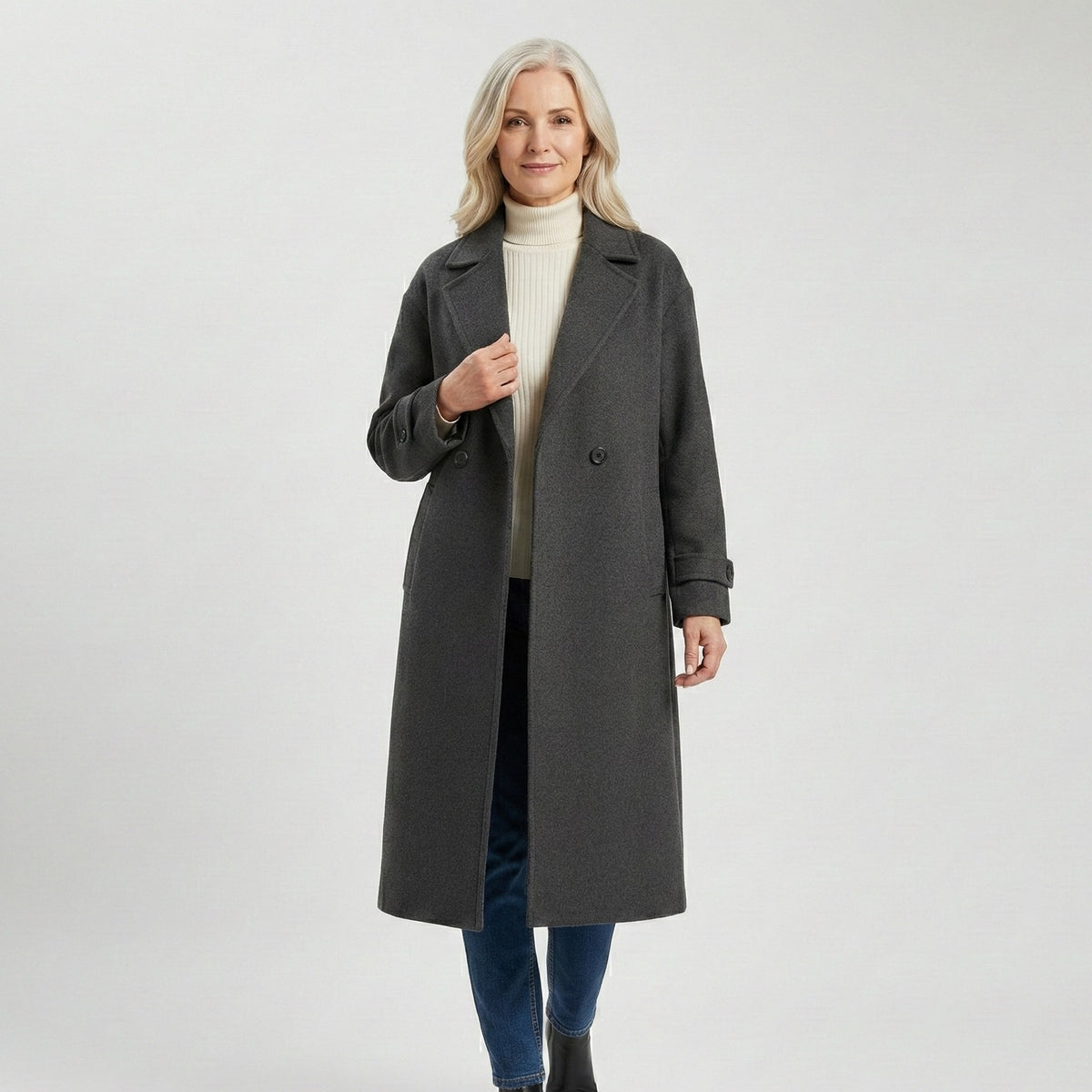 Oversized lange damesjas in wollook met brede revers - antraciet