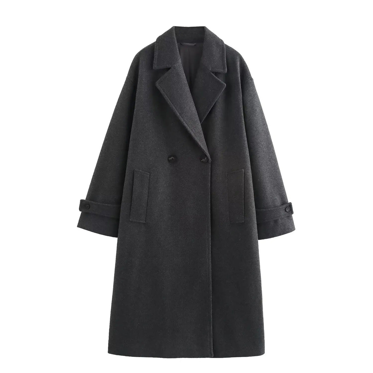 Oversized lange damesjas in wollook met brede revers - antraciet