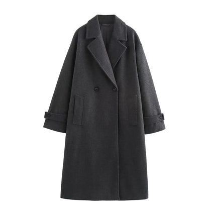 Oversized lange damesjas in wollook met brede revers - antraciet