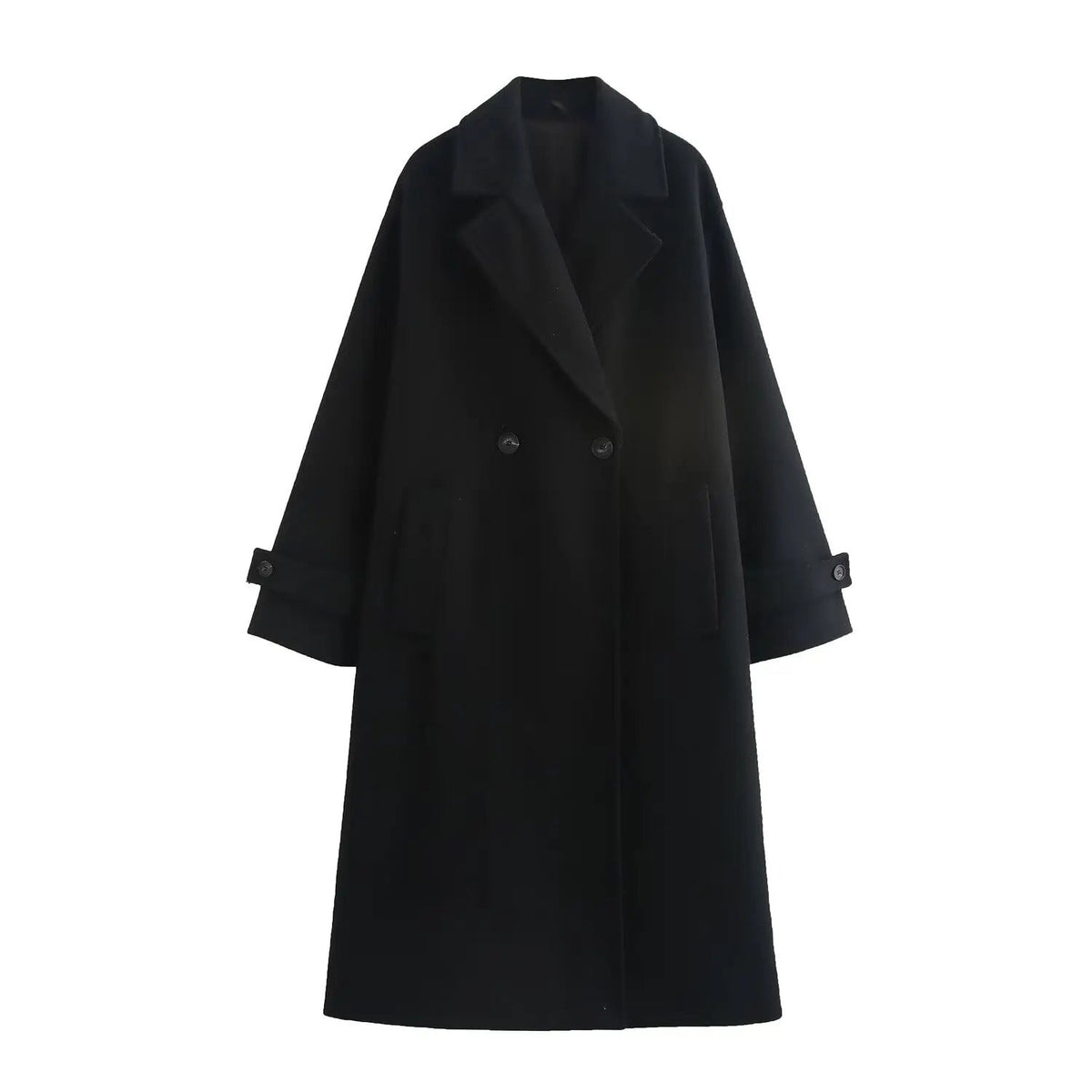 Oversized lange damesjas in wollook met brede revers - zwart