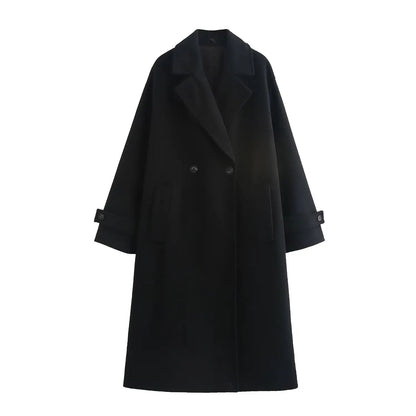 Oversized lange damesjas in wollook met brede revers - zwart