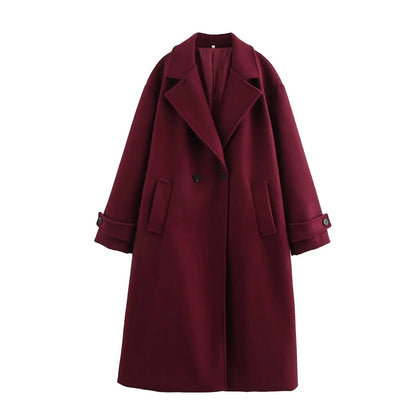 Oversized lange damesjas in wollook met brede revers - bordeaux