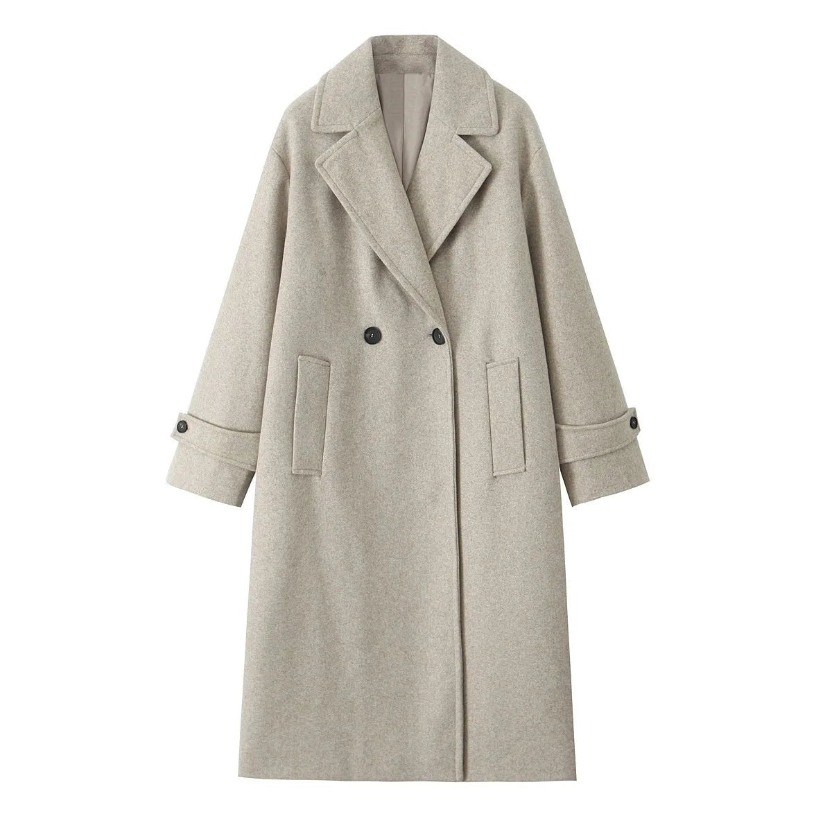 Oversized lange damesjas in wollook met brede revers - lichtbeige