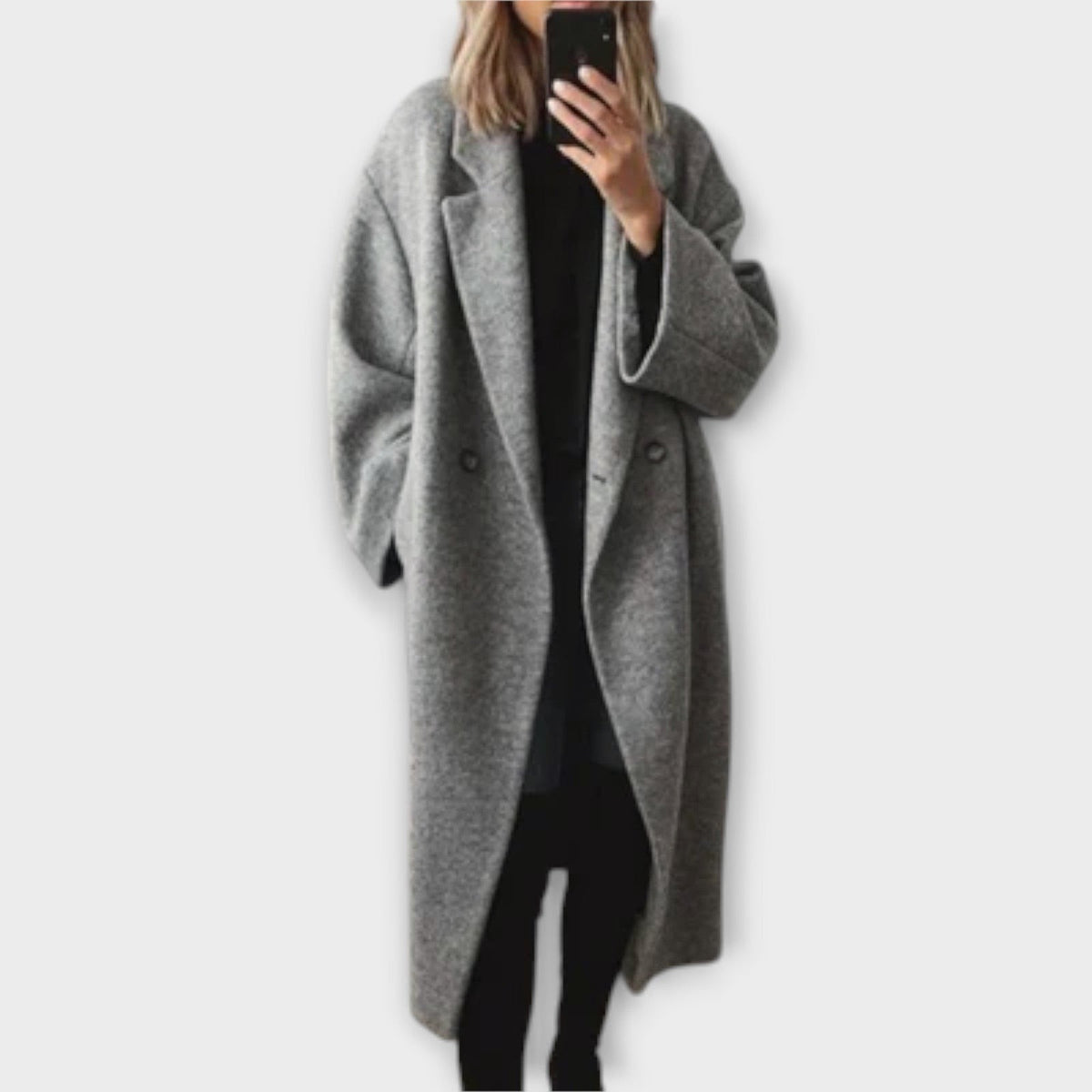 Oversized lange damesjas met revers en verlaagde schouders - grijs