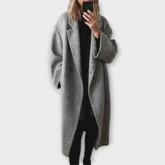 Oversized lange damesjas met revers en verlaagde schouders - grijs