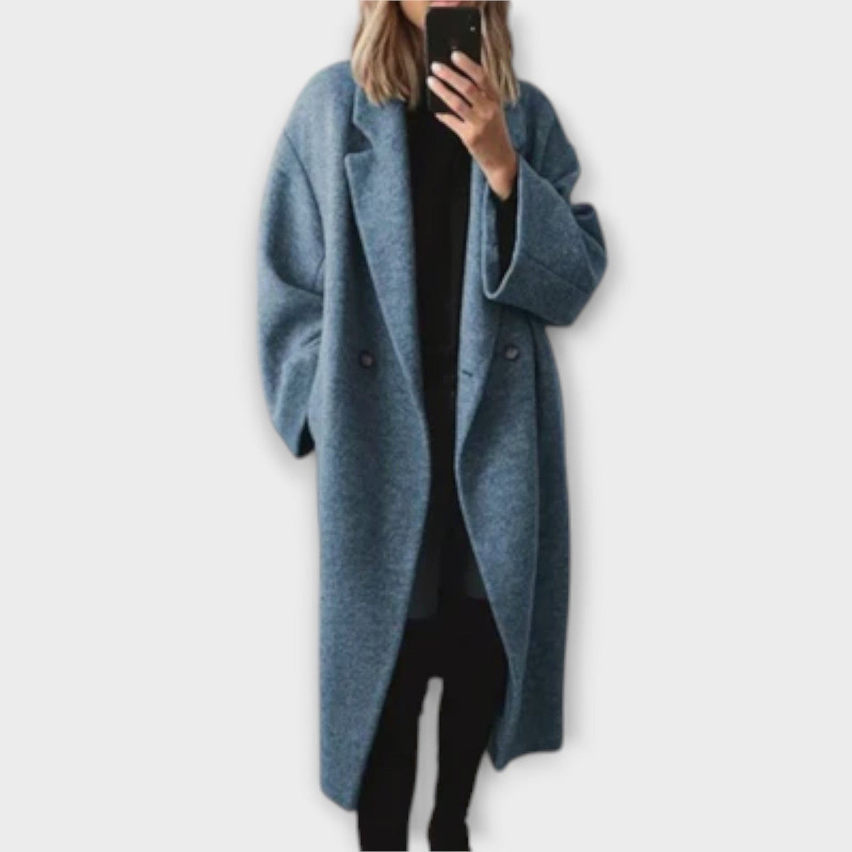 Oversized lange damesjas met revers en verlaagde schouders - grijsblauw