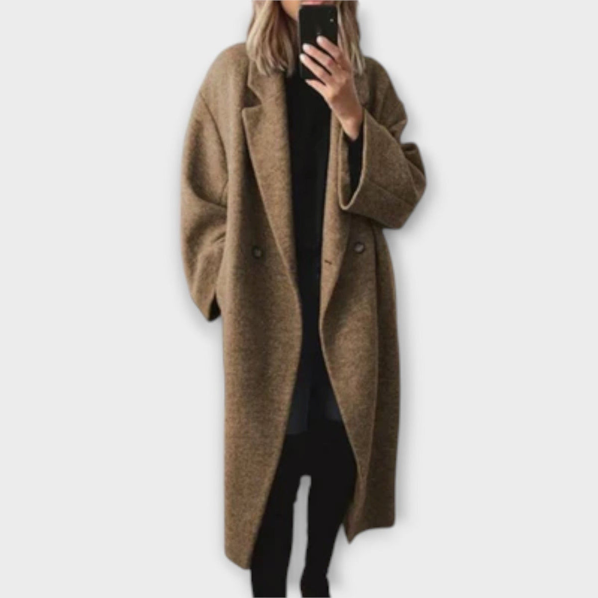 Oversized lange damesjas met revers en verlaagde schouders - lichtbruin