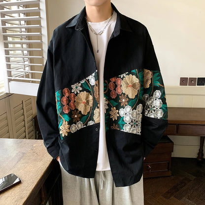 Oversized overshirt voor heren met een geborduurde bloemenband en knoopsluiting - zwart