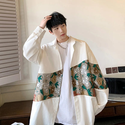 Oversized overshirt voor heren met een geborduurde bloemenband en knoopsluiting - wit