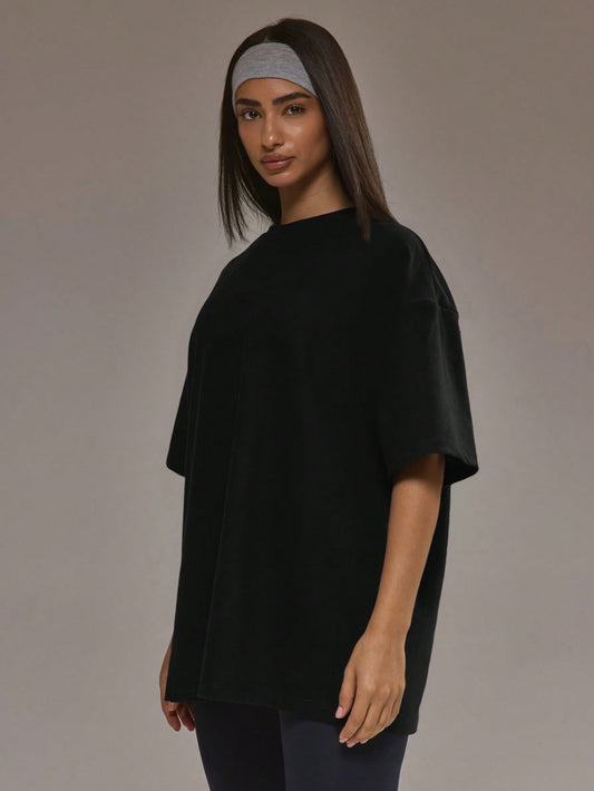Oversized T-shirt voor dames van zachte stretchstof met ronde hals - zwart