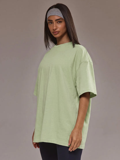 Oversized T-shirt voor dames van zachte stretchstof met ronde hals - saliegroen