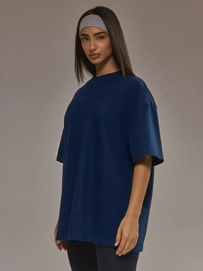 Oversized T-shirt voor dames van zachte stretchstof met ronde hals - marineblauw
