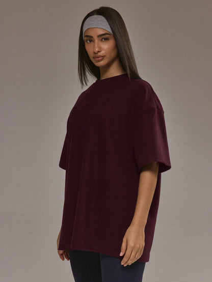 Oversized T-shirt voor dames van zachte stretchstof met ronde hals - bordeaux