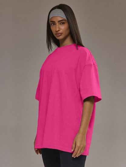 Oversized T-shirt voor dames van zachte stretchstof met ronde hals - fuchsia