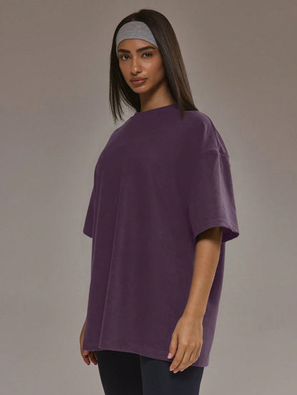 Oversized T-shirt voor dames van zachte stretchstof met ronde hals - aubergine