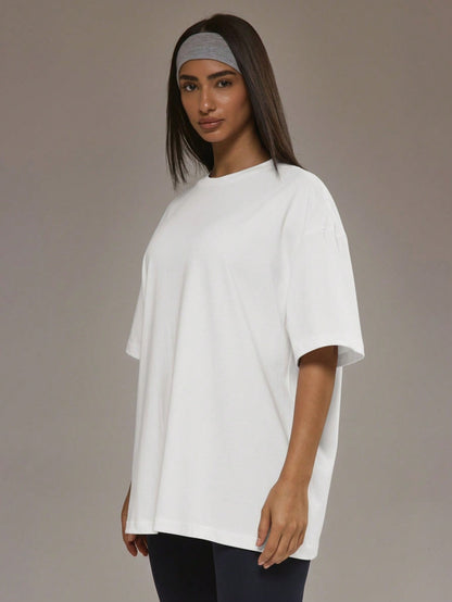 Oversized T-shirt voor dames van zachte stretchstof met ronde hals - wit