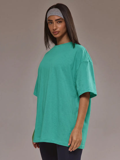 Oversized T-shirt voor dames van zachte stretchstof met ronde hals - jadegroen