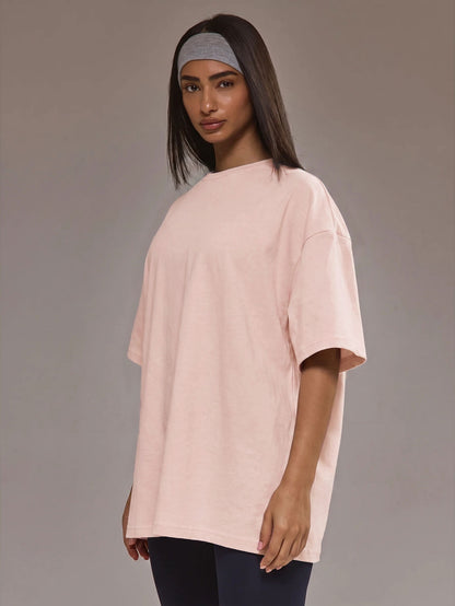 Oversized T-shirt voor dames van zachte stretchstof met ronde hals - lichtroze