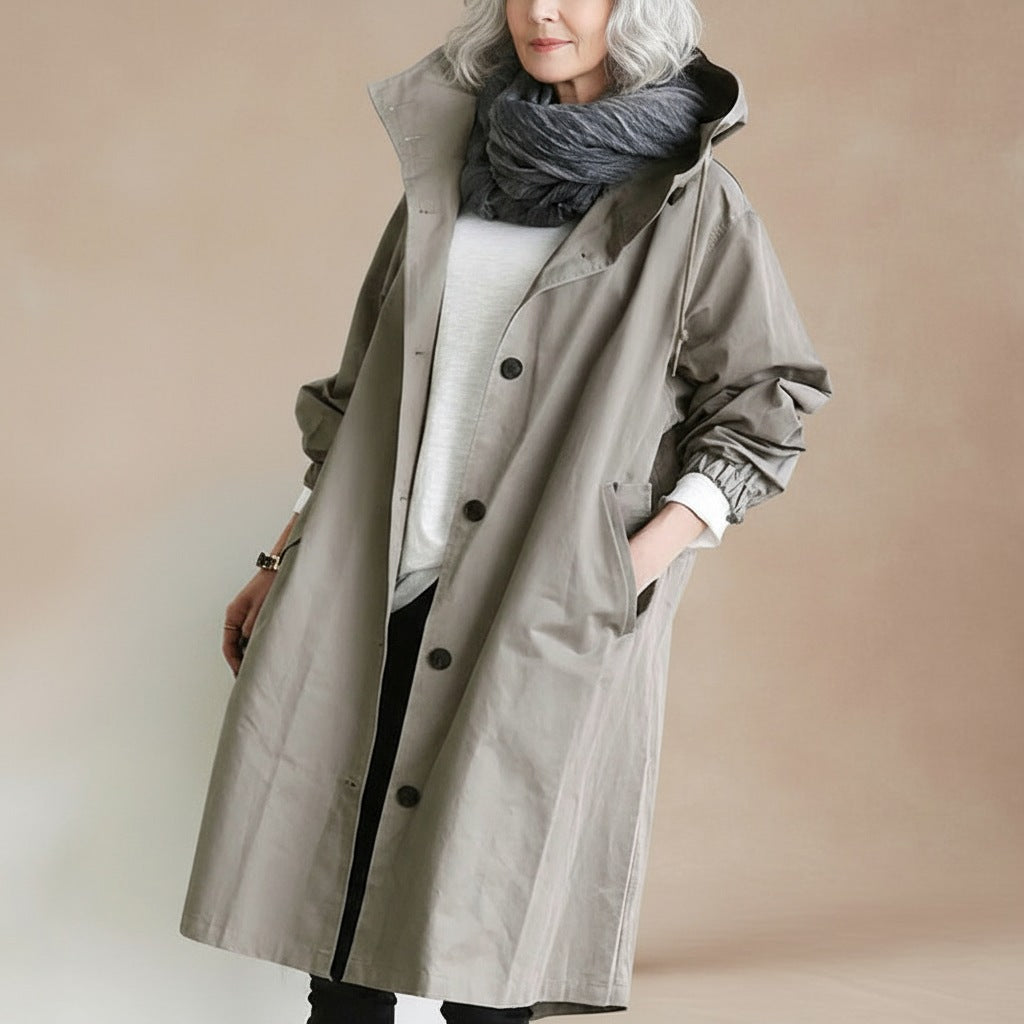 Oversized trenchcoat voor dames met capuchon en knoopsluiting - steengrijs