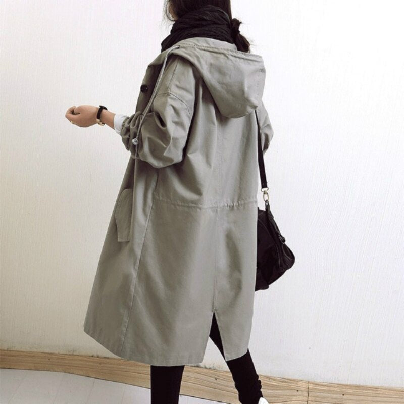 Oversized trenchcoat voor dames met capuchon en knoopsluiting - steengrijs