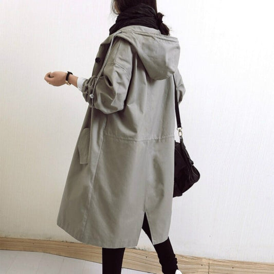Oversized trenchcoat voor dames met capuchon en knoopsluiting - steengrijs