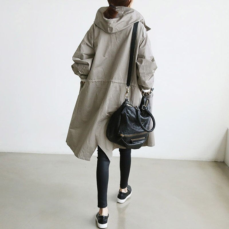 Oversized trenchcoat voor dames met capuchon en knoopsluiting - steengrijs