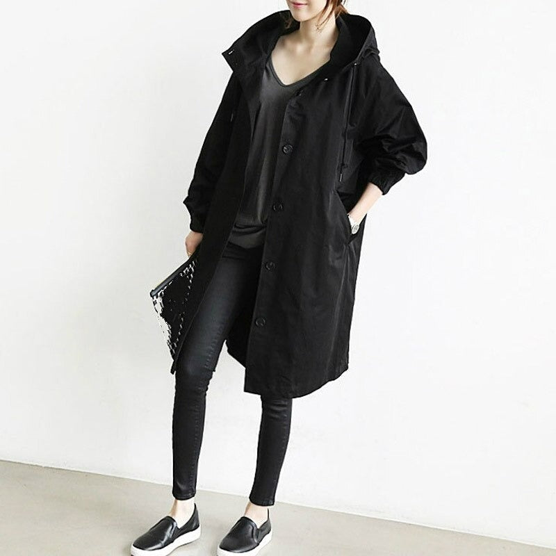 Oversized trenchcoat voor dames met capuchon en knoopsluiting - zwart