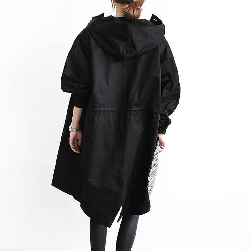 Oversized trenchcoat voor dames met capuchon en knoopsluiting - zwart