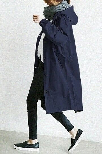 Oversized trenchcoat voor dames met capuchon en knoopsluiting - marineblauw