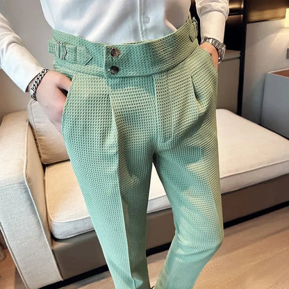 Pantalon voor heren met wafelstructuur, hoge taille en verstelbare zijtabs - mintgroen