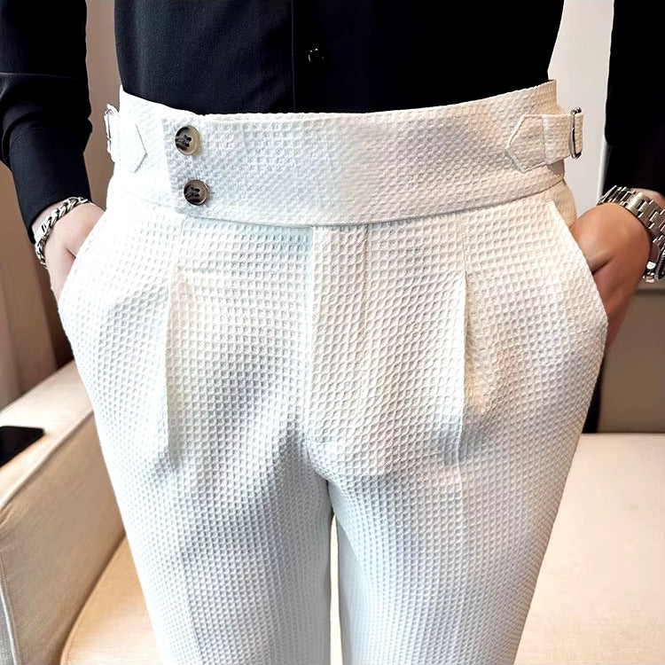 Pantalon voor heren met wafelstructuur, hoge taille en verstelbare zijtabs - wit