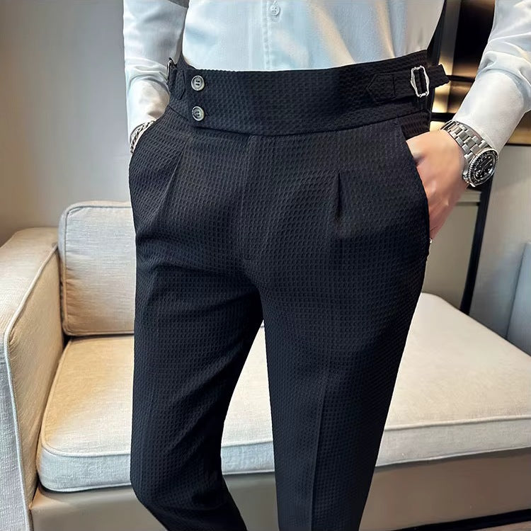 Pantalon voor heren met wafelstructuur, hoge taille en verstelbare zijtabs - zwart