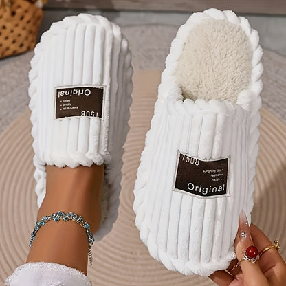 Pantoffels voor dames van ribfluweel met pluche voering, open hiel en donker label op de neus - wit