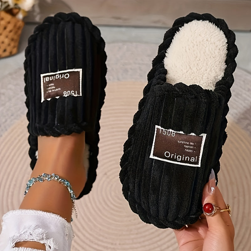 Pantoffels voor dames van ribfluweel met pluche voering, open hiel en donker label op de neus - zwart