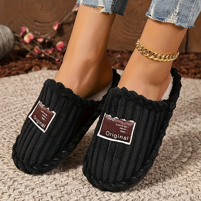 Pantoffels voor dames van ribfluweel met pluche voering, open hiel en donker label op de neus - beeld 6