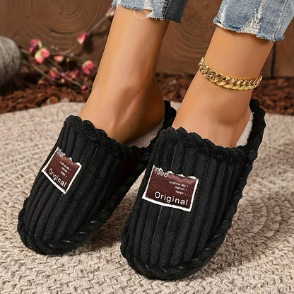 Pantoffels voor dames van ribfluweel met pluche voering, open hiel en donker label op de neus - beeld 6