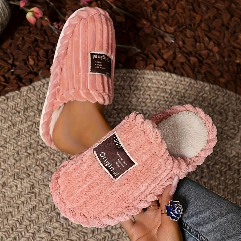 Pantoffels voor dames van ribfluweel met pluche voering, open hiel en donker label op de neus - beeld 7