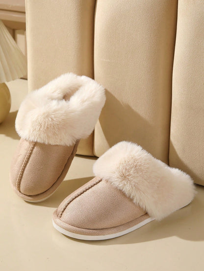 Pantoffels voor dames in suède look met brede omgeslagen kraag van pluche en lichte zool - abrikoos
